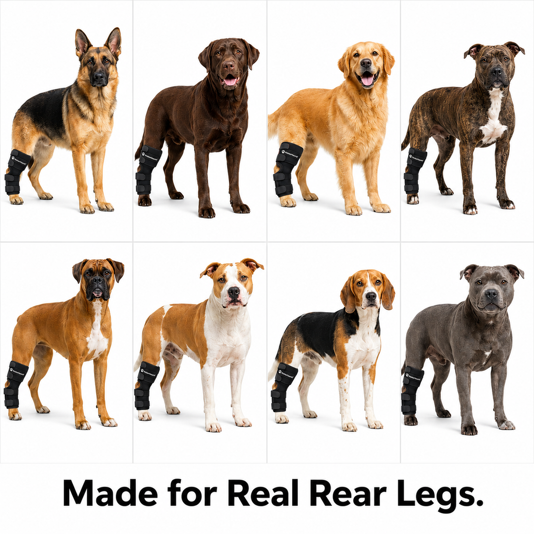 NobleHound hock brace fit examples across different dog breeds and rear-leg shapes
