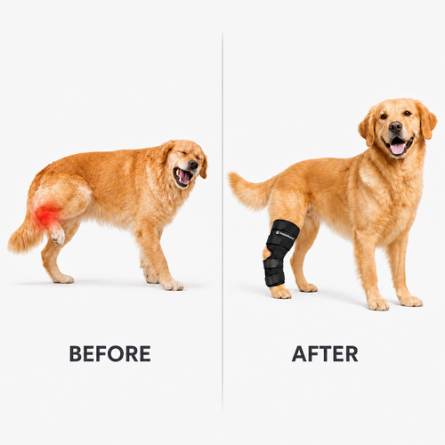 Before and after view of a dog wearing the NobleHound rear hock brace