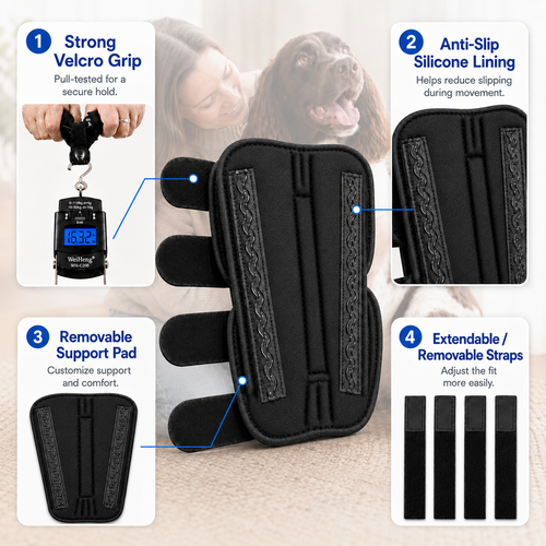 Dog hock brace details including anti-slip silicone, hook-and-loop straps, and removable support pad