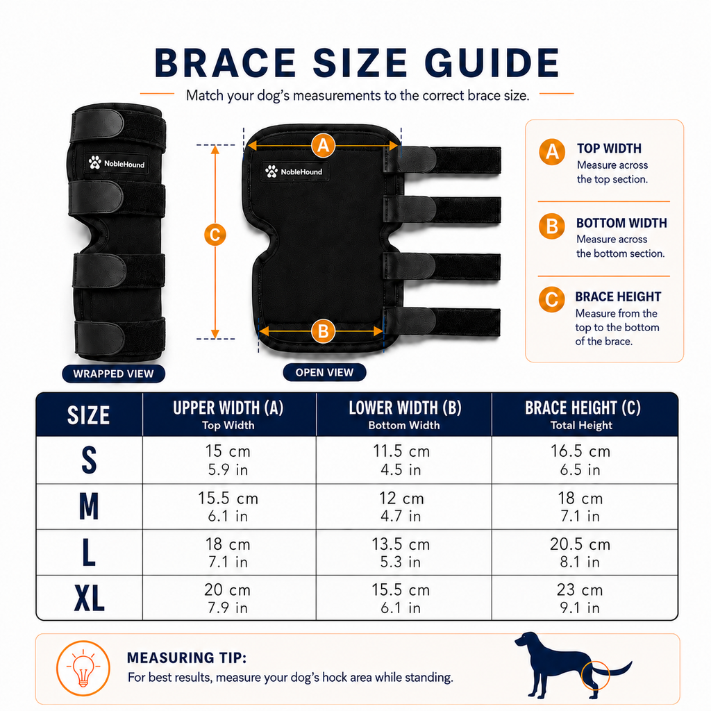NobleHound dog hock brace flat dimensions for Small, Medium, Large, and X-Large sizes