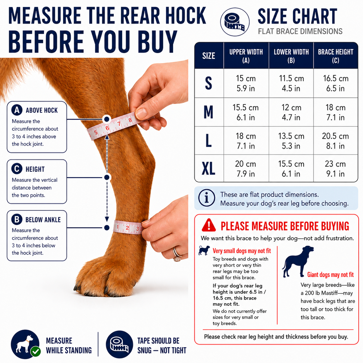 How to measure above and below a dog's rear hock and compare NobleHound brace sizes