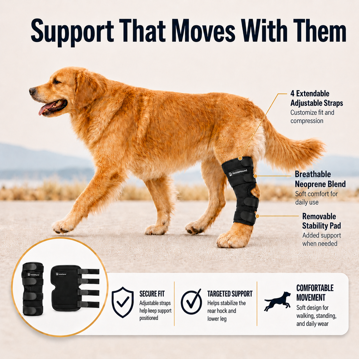 NobleHound rear leg brace with four adjustable straps, neoprene body, and removable stability pad