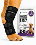 NobleHound hock brace shown on a dog's rear leg beside its retail packaging.