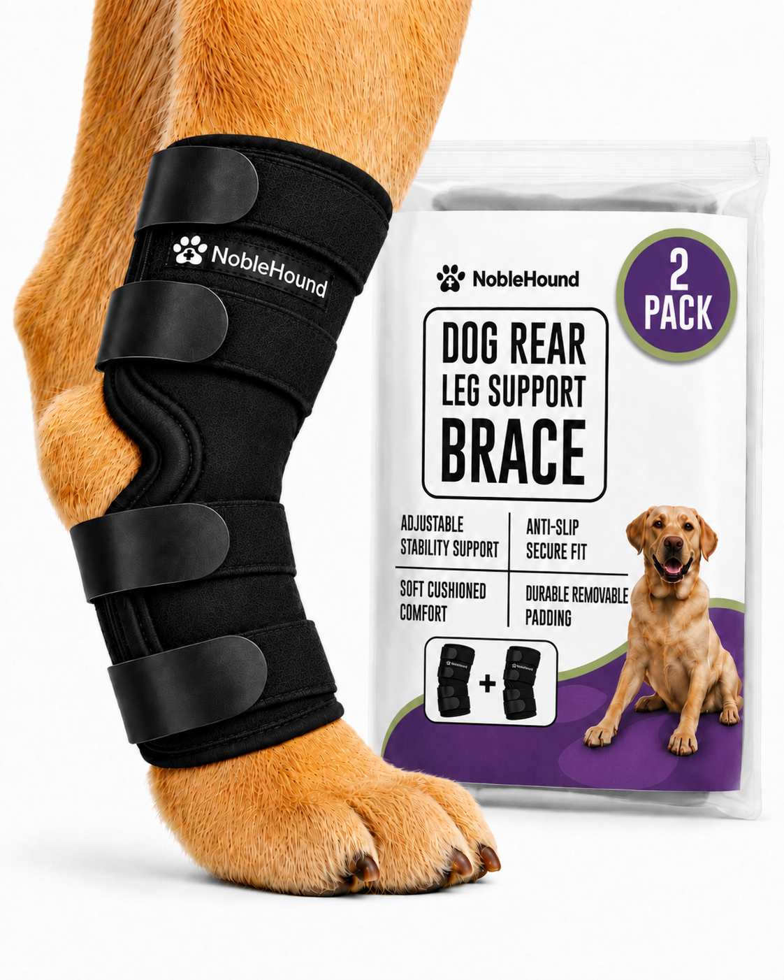 NobleHound hock brace shown on a dog's rear leg beside its retail packaging.